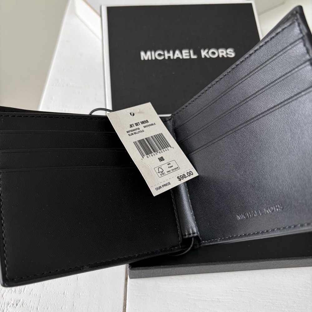 NWT Michael Kors Black and Brown MK Pattern Bi-Fold Wallet in Box - Picture 7 of 7